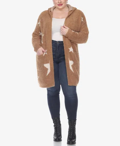 White Mark Plus Size Hooded Open Front Sherpa Sweater In Camel,white Stars