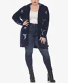 White Mark Plus Size Hooded Open Front Sherpa Sweater In Navy,light Blue Stars