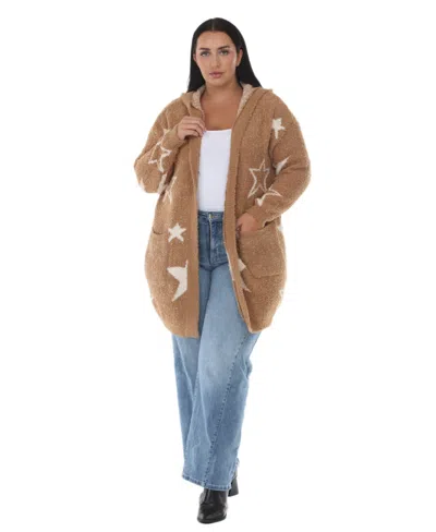 White Mark Plus Size Hooded Star-print Sherpa Cardigan In Camel