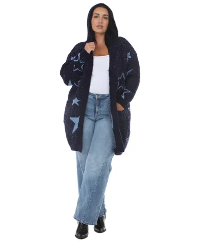 White Mark Plus Size Hooded Star-print Sherpa Cardigan In Navy