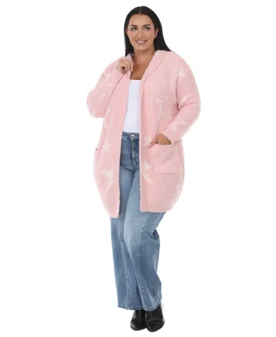 White Mark Plus Size Hooded Star-print Sherpa Cardigan In Pink