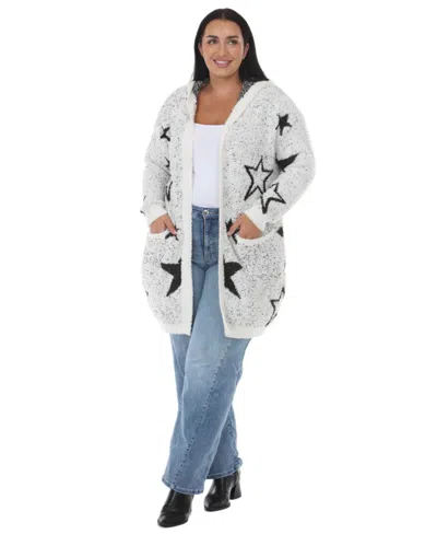 White Mark Plus Size Hooded Star-print Sherpa Cardigan In White