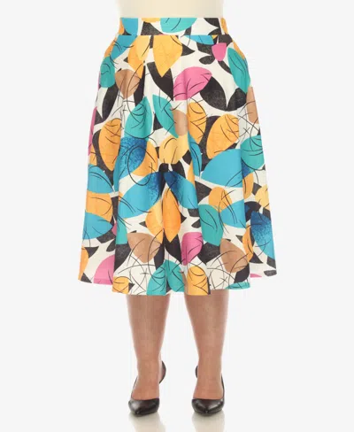 White Mark Plus Size Leaf Print Vintage Flared Midi Skirt In Yellow
