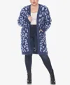 White Mark Plus Size Leopard Print Open Front Sherpa Sweater In Navy,light Blue