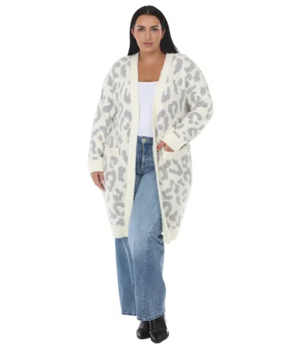 White Mark Plus Size Leopard-print Sherpa Open-front Cardigan In Beige