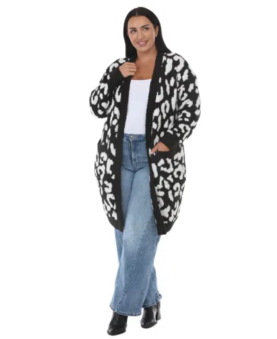 White Mark Plus Size Leopard-print Sherpa Open-front Cardigan In Black