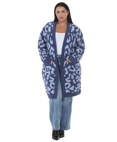 White Mark Plus Size Leopard-print Sherpa Open-front Cardigan In Navy