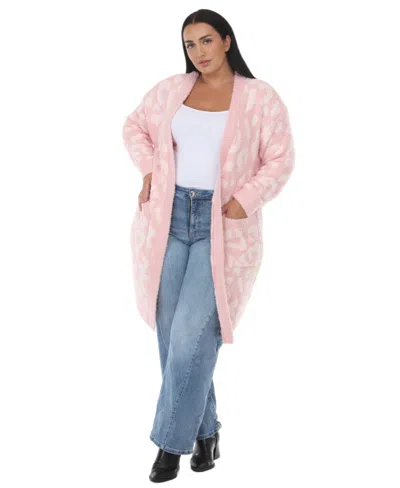 White Mark Plus Size Leopard-print Sherpa Open-front Cardigan In Pink