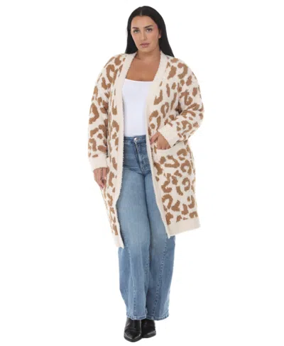 White Mark Plus Size Leopard-print Sherpa Open-front Cardigan In Tan