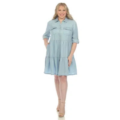 White Mark Plus Size Long Sleeve Tiered Midi Shirt Dress In Blue