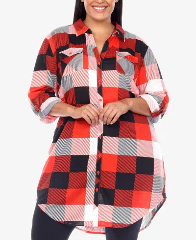 White Mark Plus Womens Plaid Button Front Tunic Top In Red