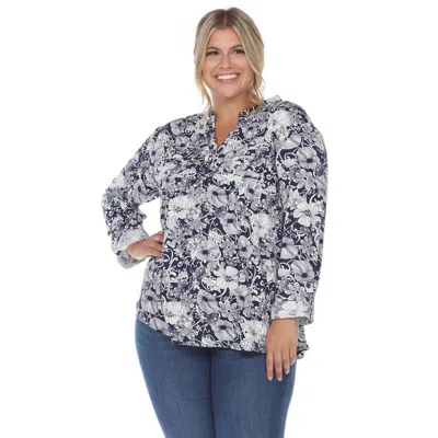 White Mark Plus Size Pleated Long Sleeve Floral Print Blouse In Blue