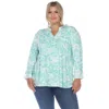 White Mark Plus Size Pleated Long Sleeve Floral Print Blouse In Green