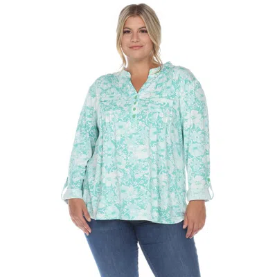 White Mark Plus Size Pleated Long Sleeve Floral Print Blouse In Green