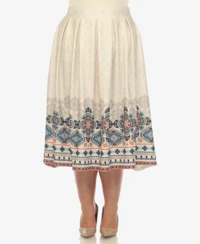 White Mark Plus Size Pleated Skirt With Border Print In Beige