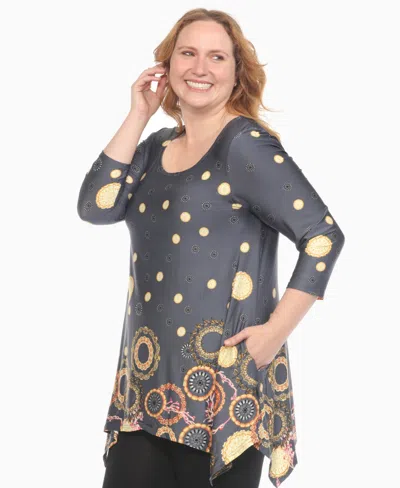 White Mark Plus Size Printed Flowy Hem Swing Top In Gray