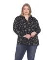 White Mark Plus Size Printed Long-sleeve Button-front Top In Black