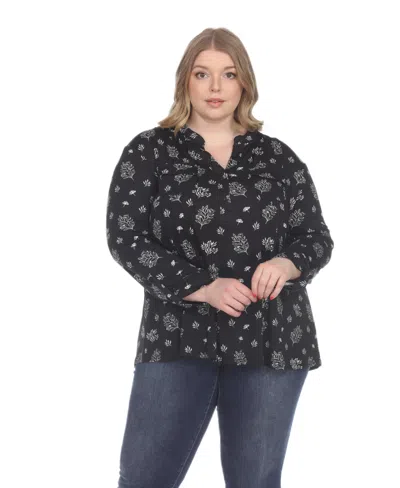 White Mark Plus Size Printed Long-sleeve Button-front Top In Black