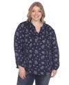 White Mark Plus Size Printed Long-sleeve Button-front Top In Blue