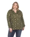 White Mark Plus Size Printed Long-sleeve Button-front Top In Green