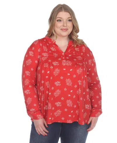 White Mark Plus Size Printed Long-sleeve Button-front Top In Red