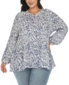 White Mark Plus Size Printed Peasant Knit Blouse In White Blue