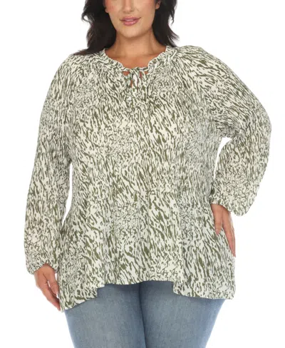 White Mark Plus Size Printed Peasant Knit Blouse In White Olive