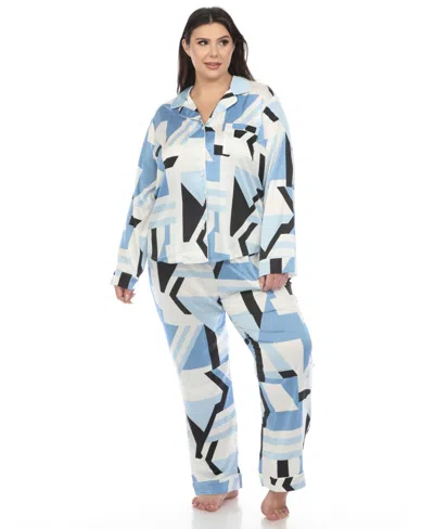 White Mark Plus Size Printed Satin Pajama Set In Blue