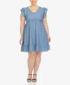 White Mark Plus Womens Ruffled Knee Length Shift Dress In Denim Blue