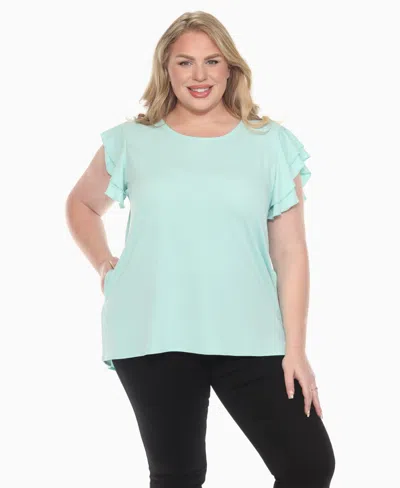White Mark Plus Size Ruffled Sleeve Solid Top In Blue