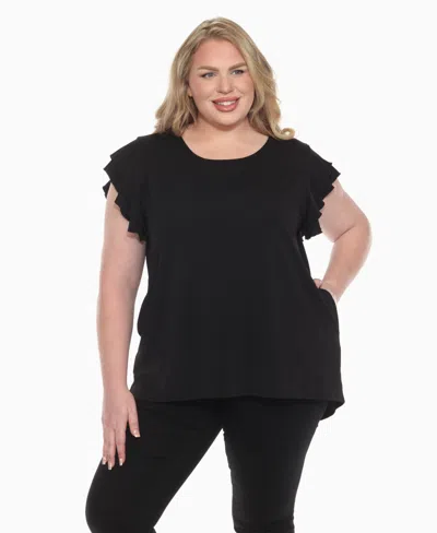 White Mark Plus Size Ruffled Sleeve Solid Top In Black