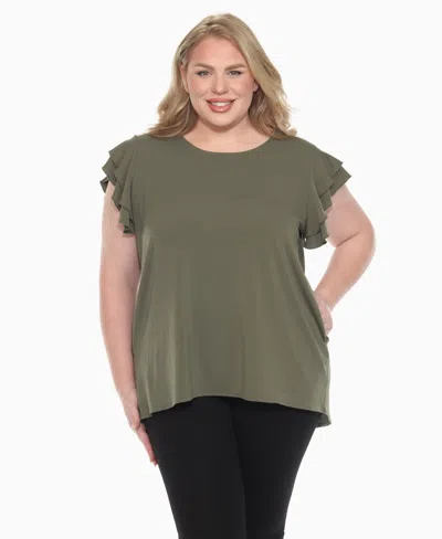 White Mark Plus Size Ruffled Sleeve Solid Top In Green
