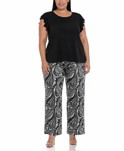 White Mark Plus Size Ruffle-sleeve Top Printed Pant Set In Black