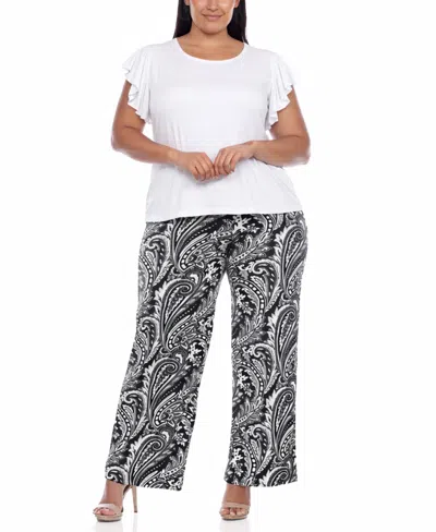 White Mark Plus Size Ruffle-sleeve Top Printed Pant Set In White
