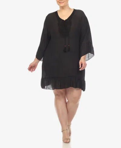 White Mark Plus Size Sheer Embroidered Knee Length Cover Up Dress In Black