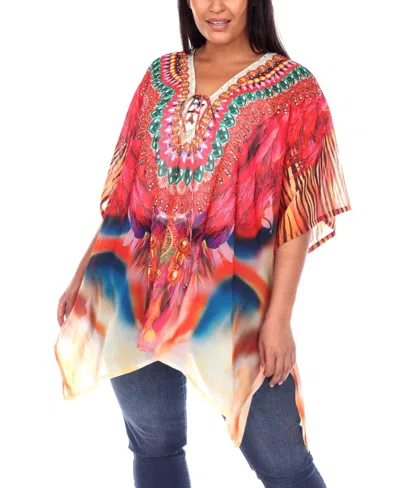White Mark Plus Size Short Caftan With Tie-up Neckline In Red,orange