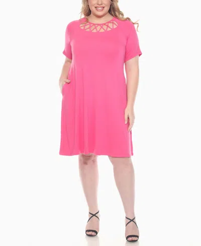White Mark Plus Size Short Sleeve Crisscross Neck A-line Dress In Pink