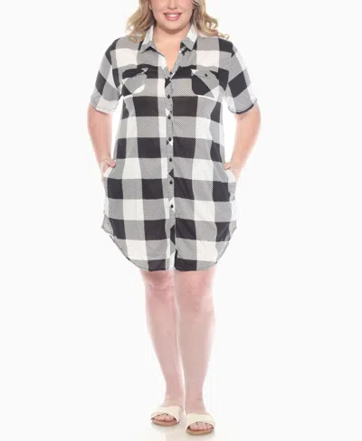 White Mark Plus Size Short Sleeve Plaid Button-down Shirt Dress In Black