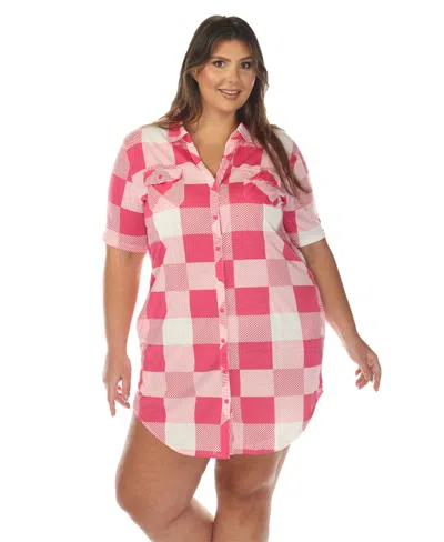 White Mark Plus Size Short Sleeve Plaid Button-down Shirt Dress In Pink