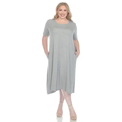 White Mark Plus Size Short Sleeve Pocket Swing Midi Dress In Grey