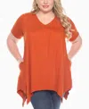 White Mark Plus Size Short Sleeve Shirred Front Knit Top In Orange