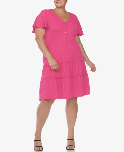 White Mark Plus Size Short Sleeve V-neck Tiered Midi Dress In Fuchsia