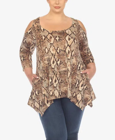 White Mark Plus Size Snake Print Cold Shoulder Tunic Top In Brown