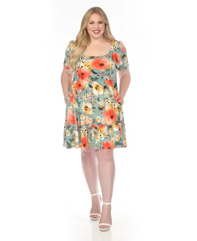 White Mark Plus Size Square Neck Short Sleeve Floral Dress In Green
