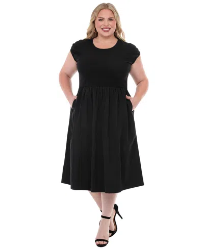 White Mark Plus Size Ultrasoft Cotton Knit To Woven Midi Dress In Brown