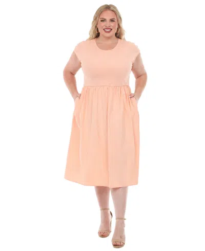 White Mark Plus Size Ultrasoft Cotton Knit To Woven Midi Dress In Yellow