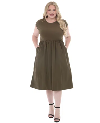 White Mark Plus Size Ultrasoft Cotton Knit To Woven Midi Dress In Green