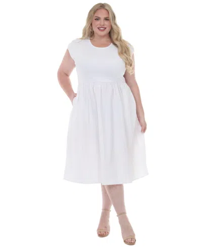 White Mark Plus Size Ultrasoft Cotton Knit To Woven Midi Dress In White