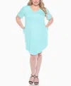 White Mark Plus Size V-neck Folded Sleeves And Pockets Knee-length Dress In Blue