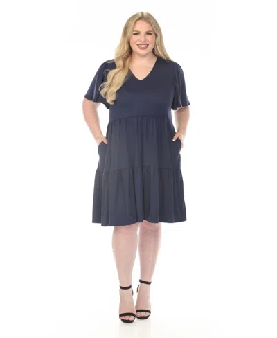 White Mark Plus Size V-neck Short Sleeve Dress In Blue